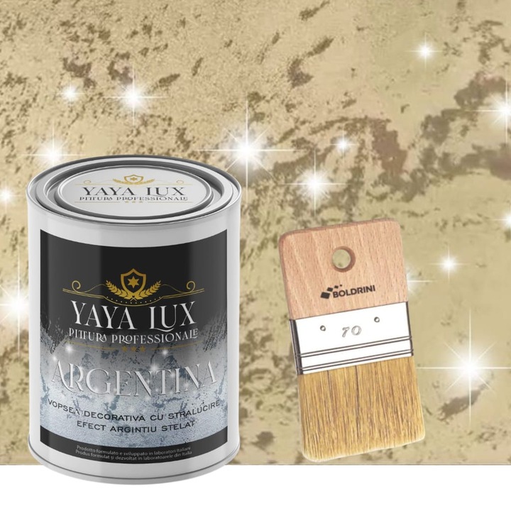 Vopsea decorativa de Lux, Argentina, cu Efect 3D Stelat, Culoare Maro Aluna, 2 Litri si Pensula 70 mm