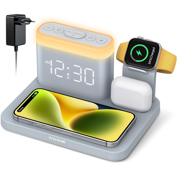 Incarcator wireless 5 in 1, cu ceas cu alarma si 7 lumini de noapte, 0-100% reglabil, indicator de incarcare, pentru iPhone, Samsung, Apple watch