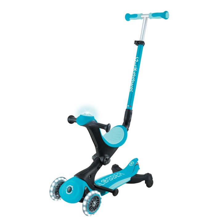 Детска тротинетка 5 в 1 GLOBBER, GO UP DELUXE LIGHTS 360°, сгъваема, със седалка, светещи колела, светещ модул, син цвят
