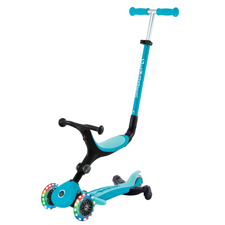Сгъваема тротинетка 5 в 1 GLOBBER, GO UP ACTIVE LIGHTS 360°, със седалка, светещи колела, за деца, синя