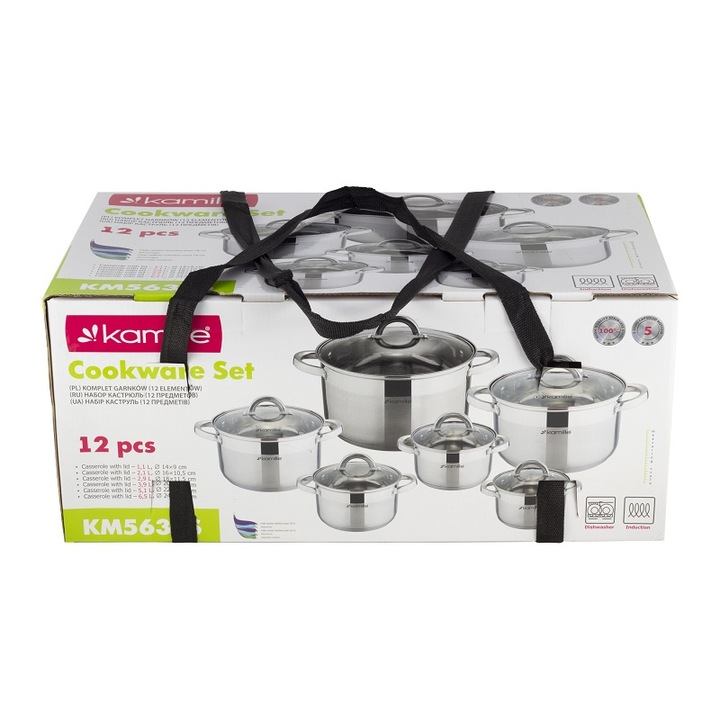 Set oale din inox 12 elemente Kamille, 1L-6,5L, inductie, Inox, Argintiu