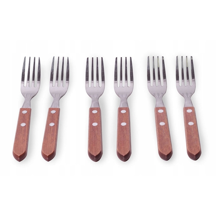 Set 6 furculite cu manere din lemn, Kamille, Inox, 19 cm, Argintiu / Maro