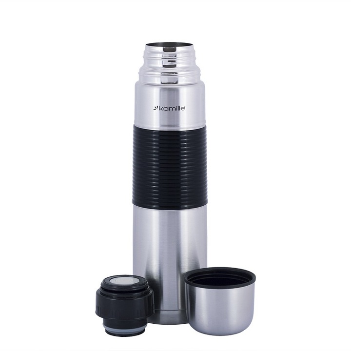 Termos din inox 1,0L Kamille, izolatie vacuum, capac cu functie de cana, argintiu/negru