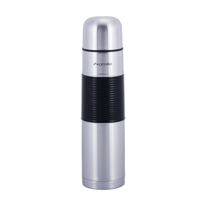 Termos din inox 1,0L Kamille, izolatie vacuum, capac cu functie de cana, argintiu/negru
