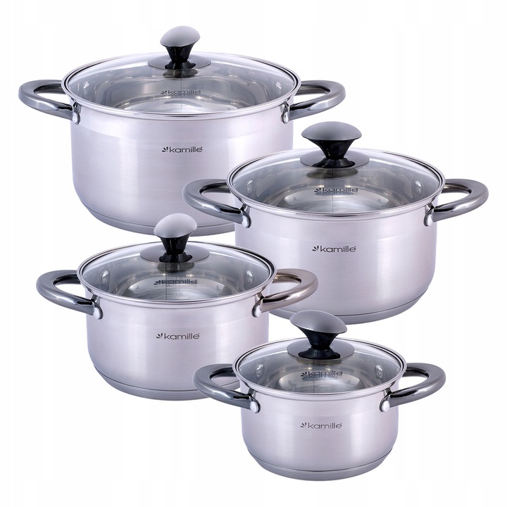 Set 4 oale cu capac de sticla, Kamille, Inox, 1.5 L - 5 L, Argintiu / Transparent