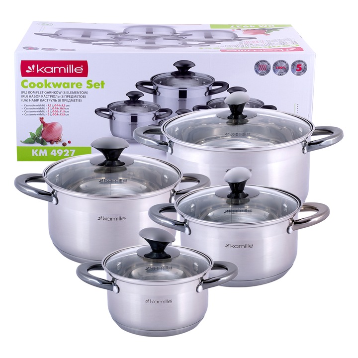 4 db-os edény készlet üvegtetővel, Kamille, Rozsdamentes acél, 1,5 L - 5 L, Ezüst / Átlátszó