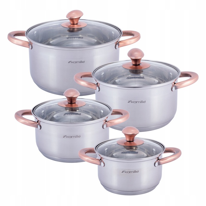 Set 4 Oale din Otel Inoxidabil si 4 capace, Kamille, Inductie, Diverse Dimensiuni, Capacitate 1.5L-5.0L