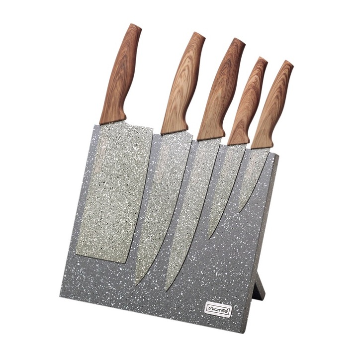 Set 5 cutitecu suport, Kamille, Inox, Acoperire granit, 9-20 cm, Maro/Gri
