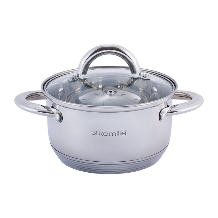 Oala din otel inoxidabil cu capac din sticla, 1,7 L, 16 cm, 7 straturi, Kamille