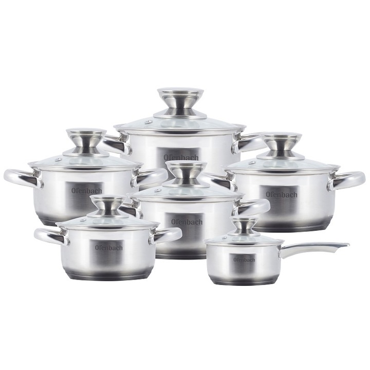6 db-os edény készlet fedővel, Ofenbach, Rozsdamentes acél, 1,1 L - 6 L, 14 - 24 cm, Ezüst / Átlátszó