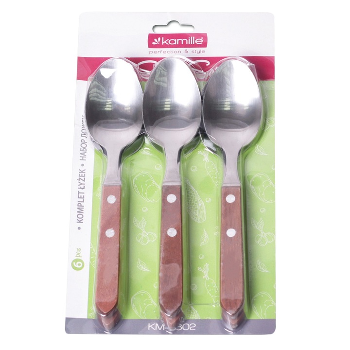 Set 6 linguri din inox cu manere din lemn KAMILLE, 20,5cm