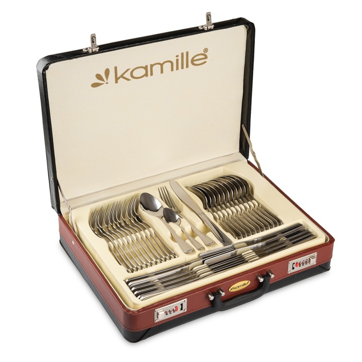 Set tacamuri, 72 piese, 12 persoane, Otel Inoxidabil, Set complet linguri furculite cutite desert, Finisaj Argintiu, Valiza depozitare, Rezistente la coroziune, Compatibile masina spalat vase, Kamille KM-5216