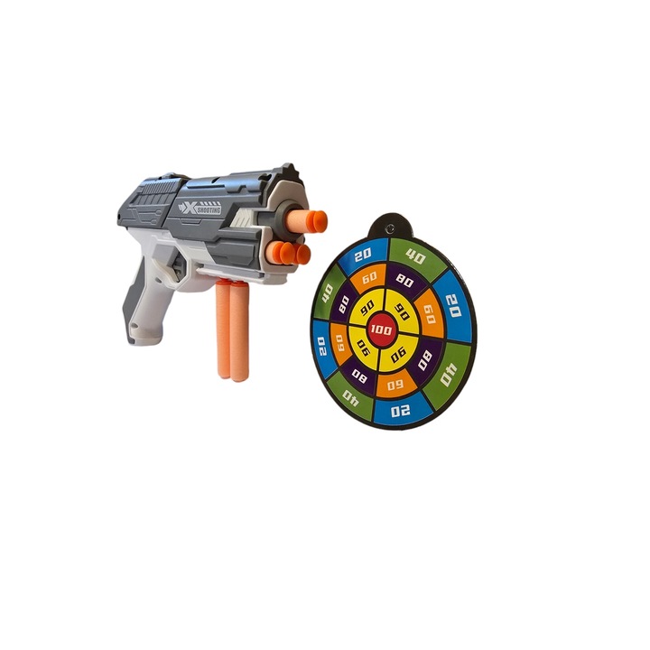 Jucarie pistol cu 5 cartuse din spuma moale cu ventuza, tinta in pachet, LuxAndra