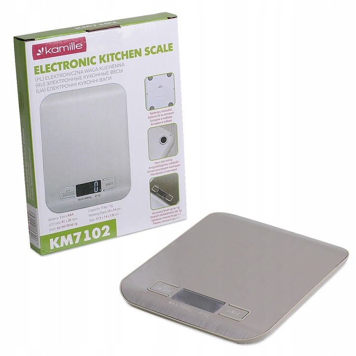 Konyhai mérleg, Kamille, 5 kg, precíziós 1g, LCD, 17,5x14x1,8 cm, ezüst