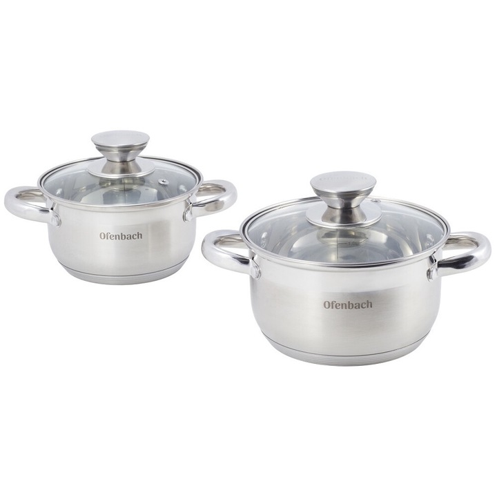 Комплект от 2 градуирани тенджери с капаци, Ofenbach, Inox, 1.1L / 1.7L, 14cm / 16cm, Сребърни / Прозрачни