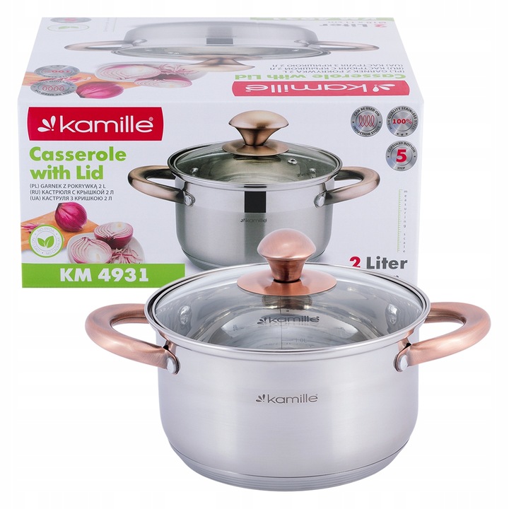 Oala din otel inoxidabil cu capac din sticla, 2,0 L, Kamille, 18 cm, inductiva