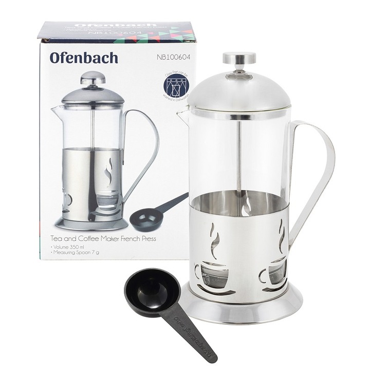 Френска преса за кафе и чай, Ofenbach, 350 ml, стъкло и неръждаема стомана, с филтър, 19x7cm
