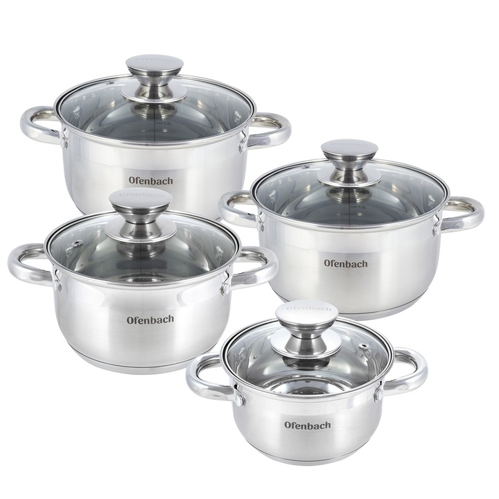 Комплект от 4 тенджери със стъклени капаци, Ofenbach, Inox, 1.1L - 3.4L, 14 - 20 cm, Сребърни / Прозрачни