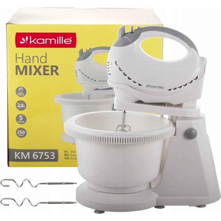Mixer de mana Kamille cu bol rotativ 2,0 L, 5 viteze si 250W pentru creme, oua si aluaturi usoare - KM6753