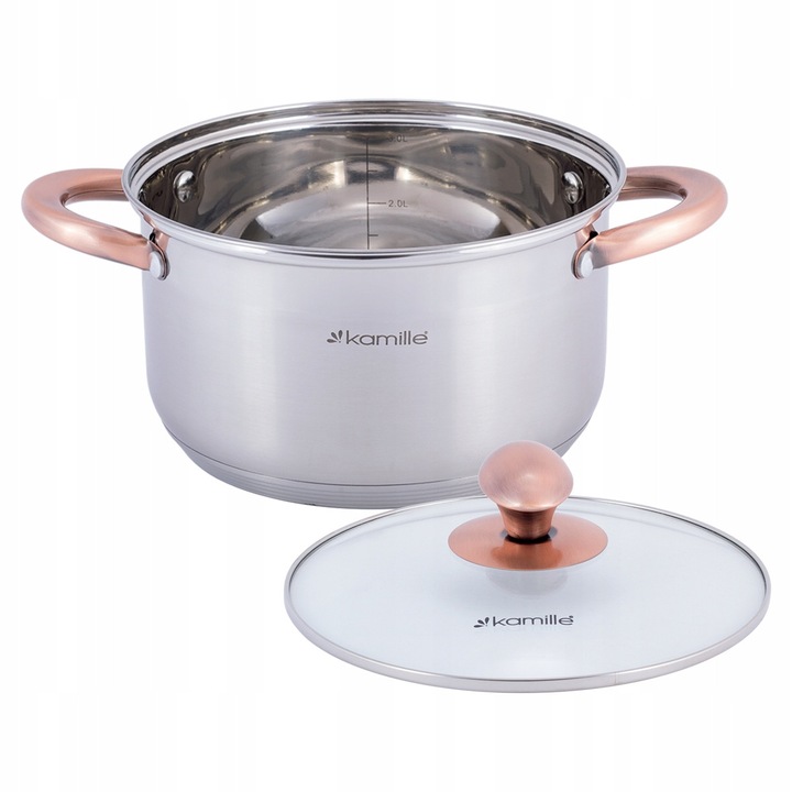 Oala din inox cu capac din sticla, Kamille, 3L, 20 cm, argintiu/roz, inductie