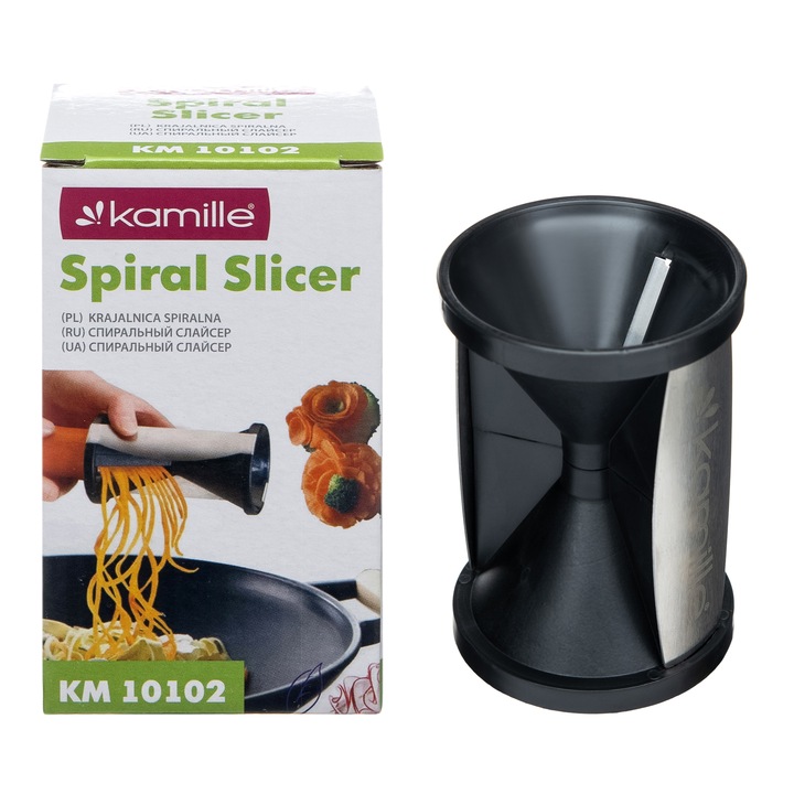 Feliator legume in spirala Kamille, din plastic, cu lame din otel inoxidabil, 7x11,5cm, negru