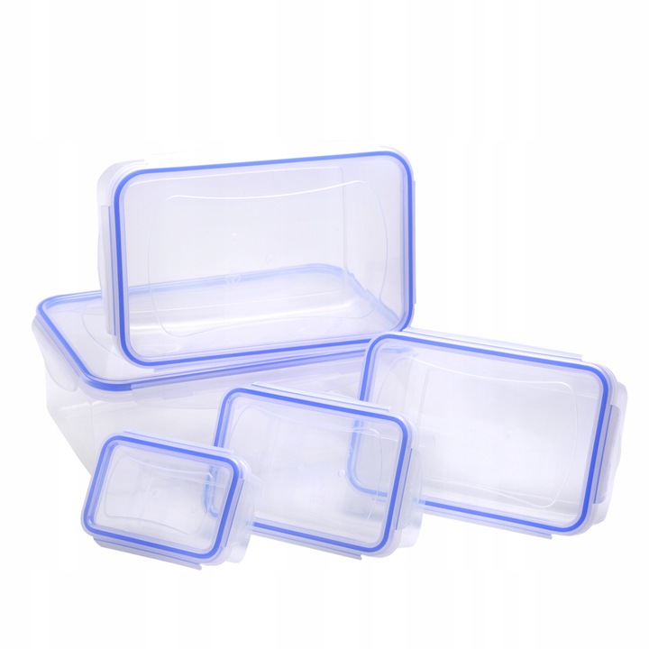 Set 5 cutii alimentare, plastic, Kamille, 180ml-2200ml, transparent cu margine albastra