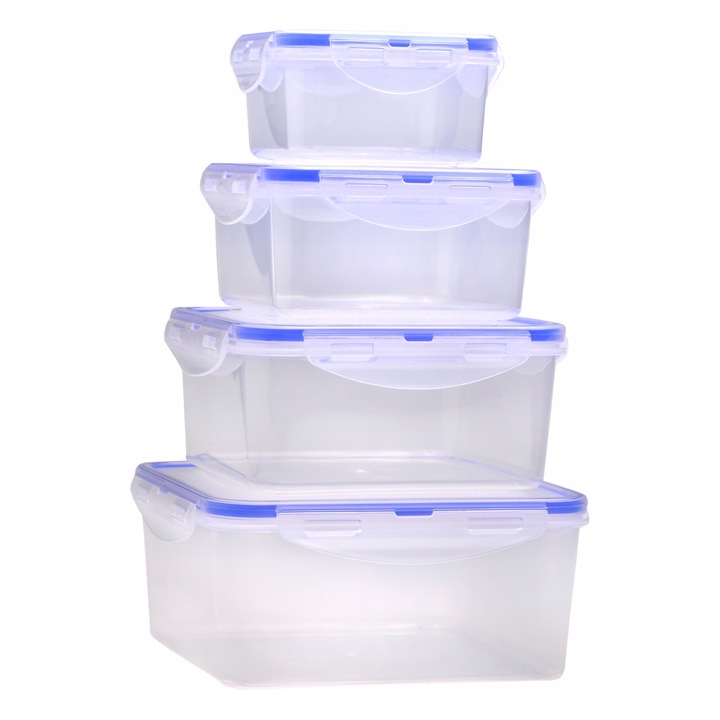 Set 4 cutii alimentare din plastic Kamille, 400ml, 800ml, 1350ml, 2000ml, transparent cu margine albastra