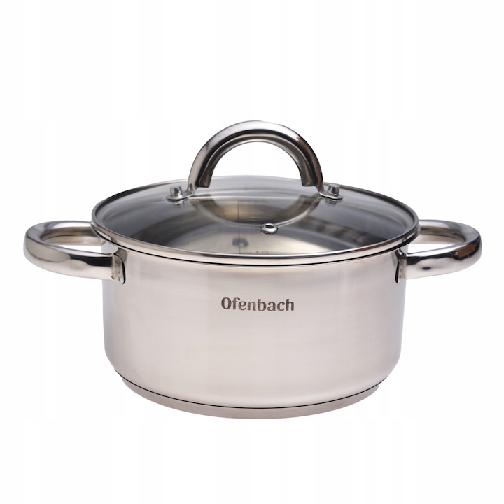 Тенджера, OFENBACH, Неръждаема стомана, 2 л, Стъклен капак, 18 см, За всички видове котлони, Сребрист