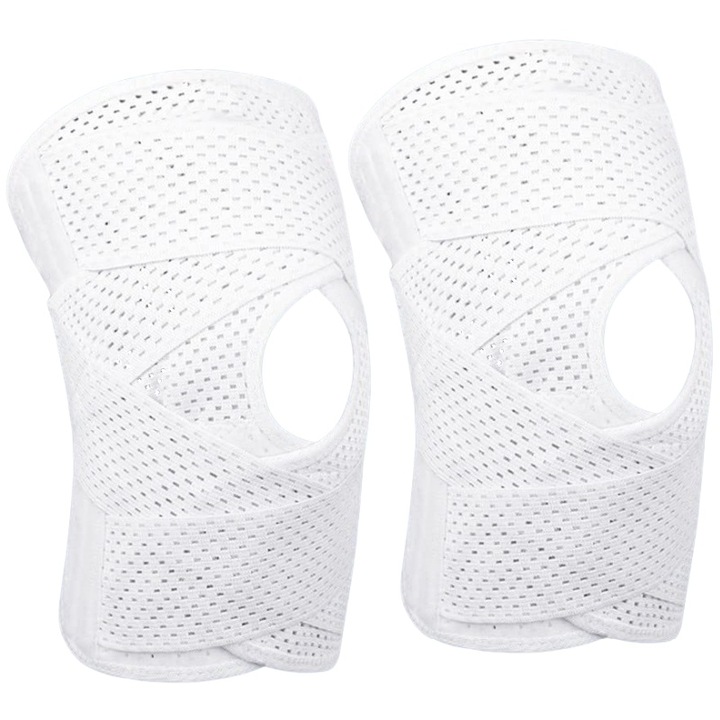 Set de 2 genunchiere medicale elastice, ideale pentru ameliorarea durerii meniscului si a ligamentelor rupte, ofera suport pentru rotula pentru activitati sportive dinamice, reglabile, unisex, XL, AjieQaQ, alb