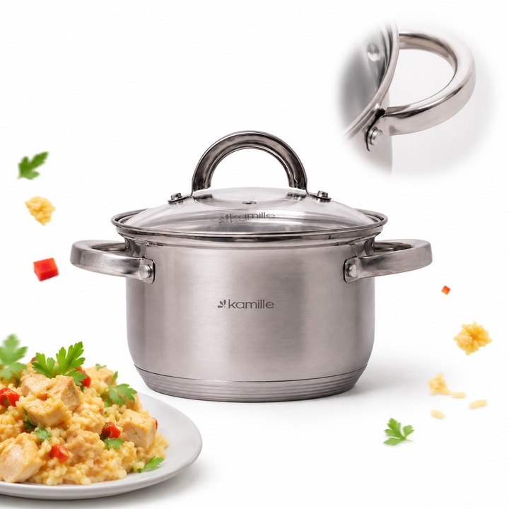 Oala gradata cu capac din sticla Kamille, oala din inox 2.9 L, 18 cm - KM5618S