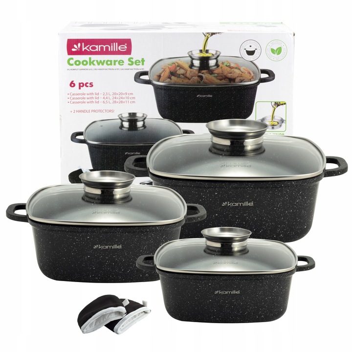 Set 3 oale cu capace + 2 protectii maner, Kamille, Aluminiu / Marmura, 2.3L / 4.4L / 6.5L, Negru / Transparent