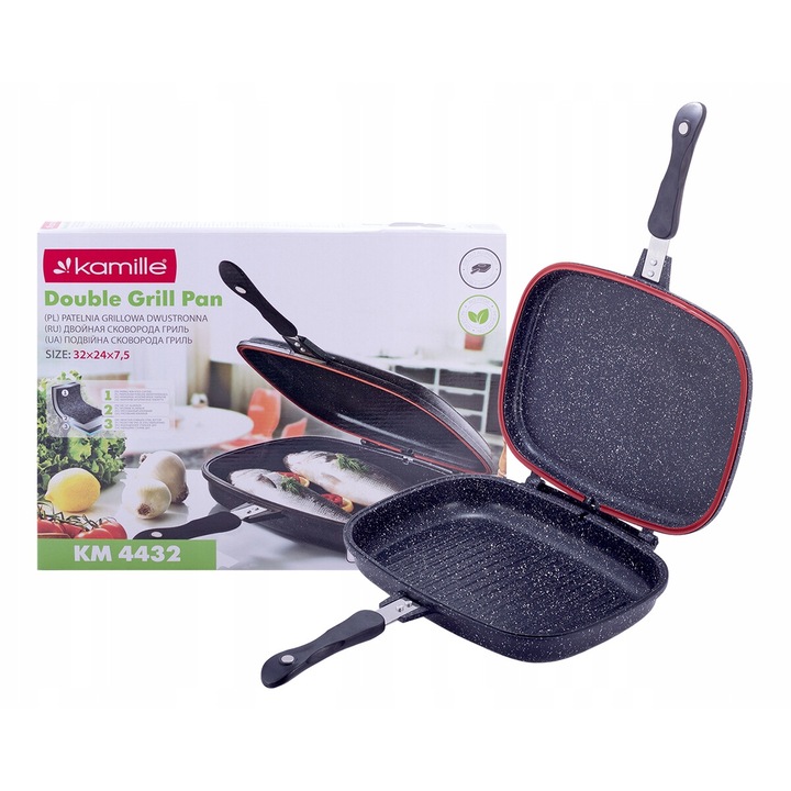 Tigaie grill cu doua fete, Kamille, 32x24x7.5 cm, Marmura, Negru