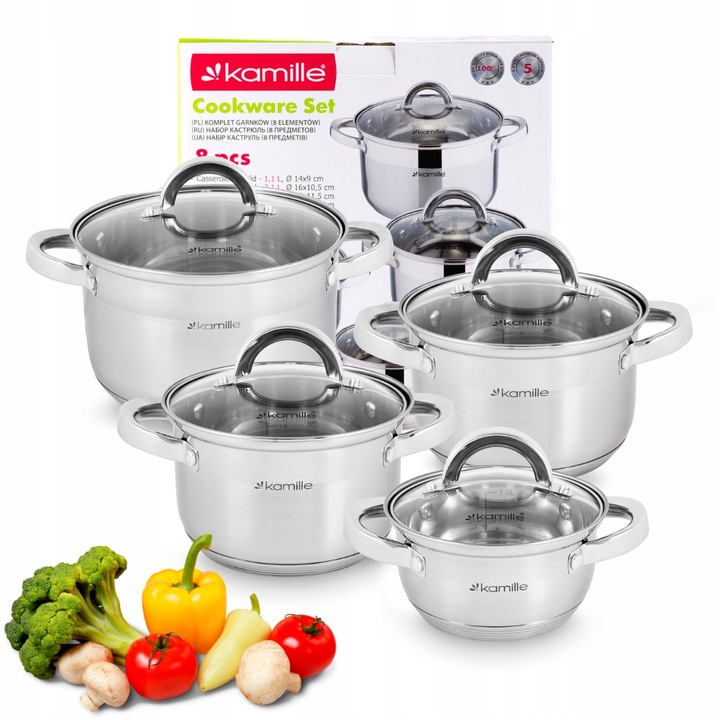 4 db Kamille rozsdamentes acél edény készlet, különböző méretű, űrtartalom 1L-3,9L, ezüst