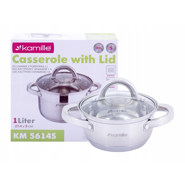 Oala din otel inoxidabil 1,0 L cu capac din sticla, 14 cm, 5 straturi, Kamille