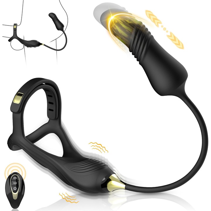 Anális csatlakozó vibrátorral és péniszgyűrűvel, WALALLA, 10 vibrációs mód, távirányító, szilikon, fekete