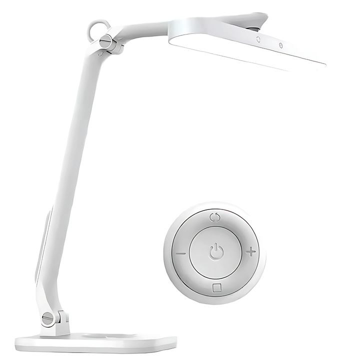 Lampa Wireless Pentru Birou cu Acumulator Vixev® Lumiflex, Luminozitate Reglabila, 3 Moduri De Lumina, Rece-Calda, 2700k-6500k, Telecomanda, Control Tactil si Timer, Pliabila Si Portabila, Rotativa 360°, Alb