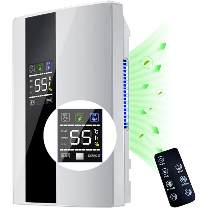 Dezumidificator si purificator inteligent, WALALLA, cu telecomanda, setare temperatura, cu afisaj digital al umiditatii, mod repaus, oprire 24h, rezervor de apa de 2,2 l, 90 w, gri