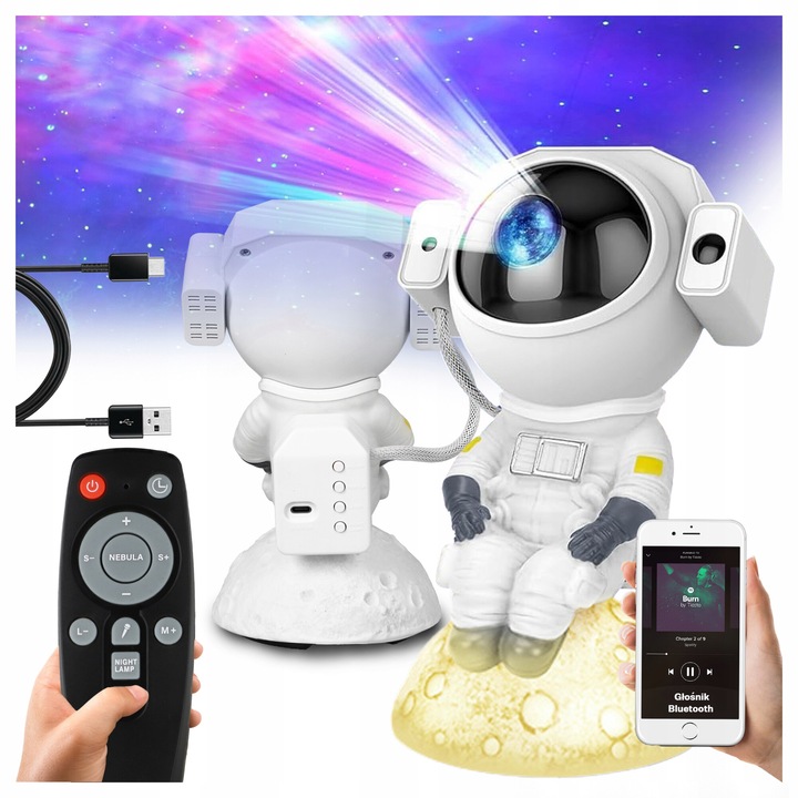 Lampa de veghe Astronaut Star cu proiector si jocuri luminoase, muzica sincronizata cu luminile, 2700k, reincarcabila, unghi reglabil 360˚, Alb