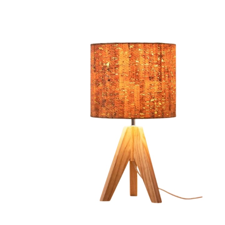 Lampa de noapte cu tripied din lemn si abajur din in EDISHINE, 36 cm, soclu E26, comutator ON/OFF