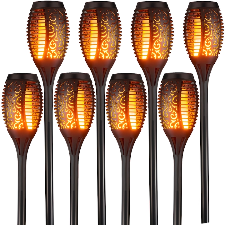 Set 8x Lampi Solare RETOO GardenPro, Torta LED, Efect Flacara, Iluminare Ecologica, Infigere in Sol, IP65, Pandela Policristalina, Baterie Ni-MH 300mAh, Autonomie 10-12h, Inaltime 41cm, Diametru 7,5cm, Material ABS+PC, Rezistenta la UV si Intemperii