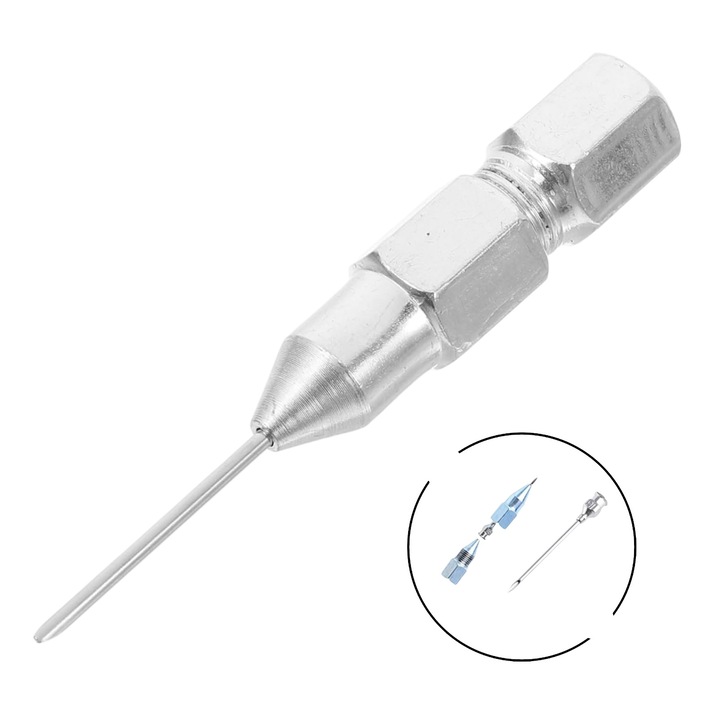 Set dispozitiv gresare tip ac, detasabil fractionat in 3 accesorii indistensabile pentru lubrifierea cu vaselina/ulei a bucselor, rulmentilor si a tuturor spatiilor greu accesibile