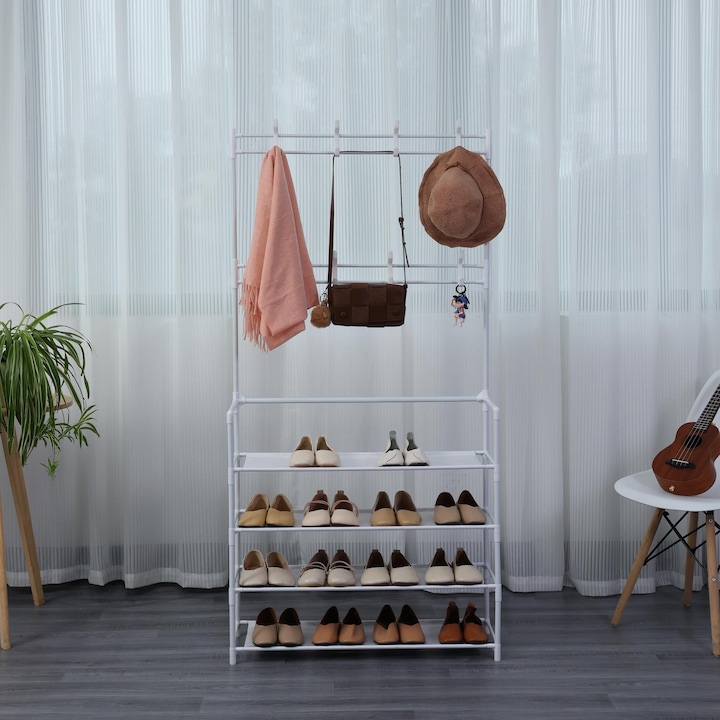 Cuier Haine cu Suport Pantofi, 4 Rafturi Herzberg, Organizator Depozitare pentru Haine si Accesorii, Alb, 80cm x 26cm x 155cm