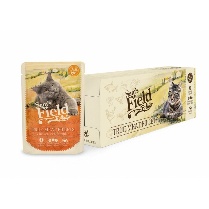 Sam´s Field Cat Pouch Chicken Fillets With Pumpkin nedves macskaeledel, 24x85g