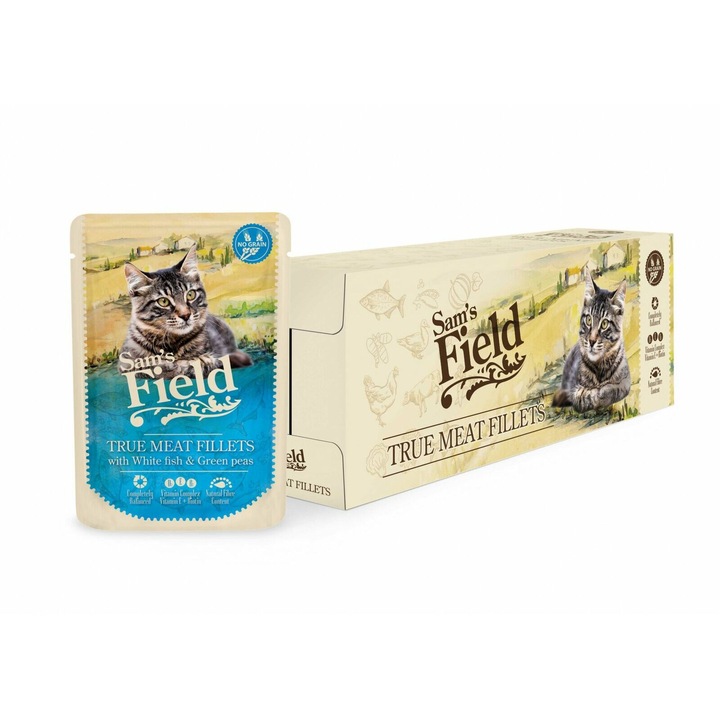 Sam´s Field Cat Pouch With White Fish Filets & Peas nedves macskaeledel, 24x85g