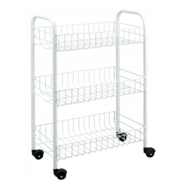 Rafturi pe roti, carucior de bucatarie, 3 metalice Etajera, pentru baie, Alb, Metaltex