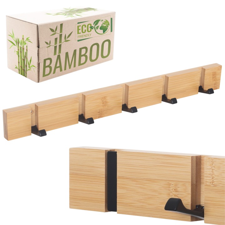 RICOO ruhaakasztók, bambusz és acél, 5 összecsukható horog, natúr