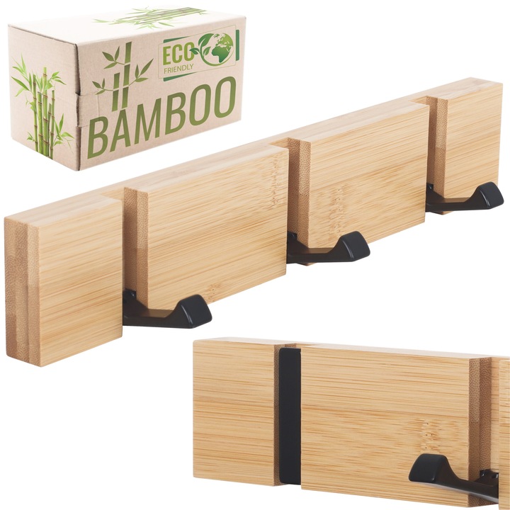 Fali akasztó, Ricoo, bambusz és acél, kompakt kivitel, természetes