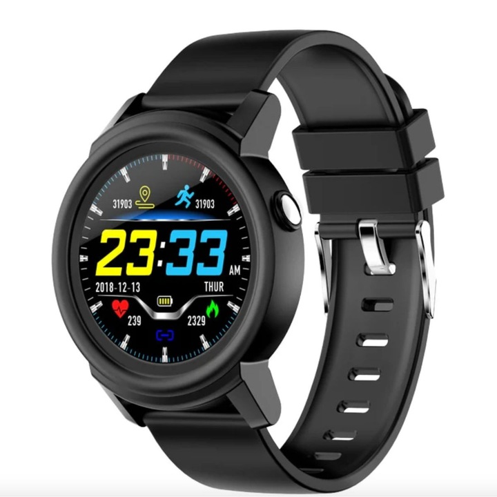 Ceas smartwatch barbati MK1, rezolutie Full HD, inteligent, fitness, sport smart, notificari, alarma, monitorizare ritm cardiac curea silicon, negru