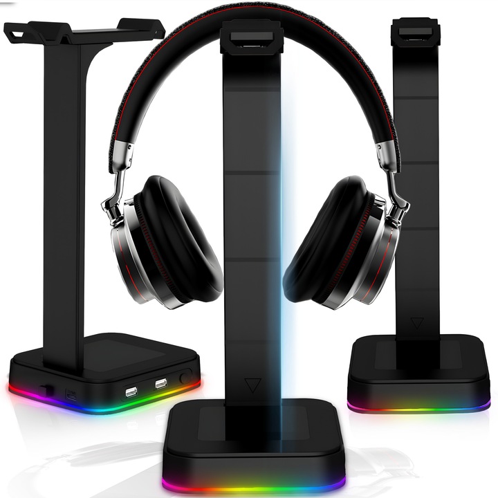 Suport RGB Pentru Casti Retoo Connect Cu Hub Usb, Design Modern, Organizator Birou, 2 Porturi Usb 2.0, Incarcare Si Transfer Date, Iluminare Rgb, Dimensiuni 12x13x26 Cm, Cablu De 1,2m, Alimentare 5v 0,5a, Solutie Eleganta Pentru Birou