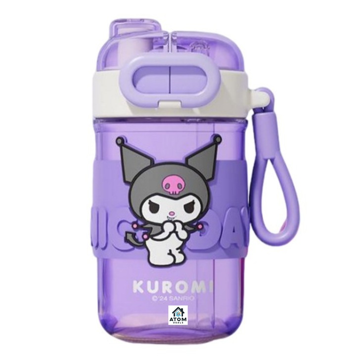 Детска бутилка за вода ATOM DEALS, Дизайн Kuromi, 510 мл, Система за пиене с двойна силиконова сламка и широко гърло, Плътно затваряне на 360°, Екологичен материал тритан, BPA-Free, Дръжка за носене, Лилав